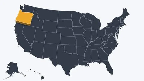 Oregon Raised in 3D on US Election Map Teal and Amber Highlight, White Stock Illustration