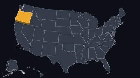 Oregon Raised in 3D on US Election Map Teal and Amber Highlight, Black Stock Illustration