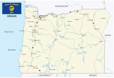 Oregon road vector map with flag Stock Illustration