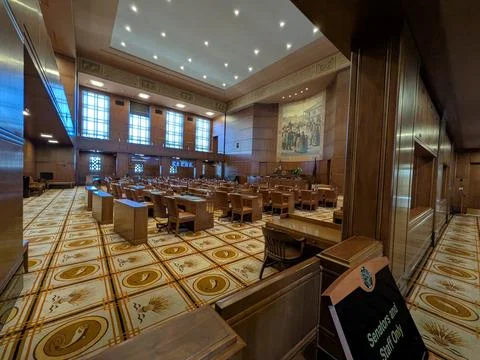 Oregon Senate chamber featuring aligned desks Stock Photos