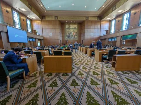 Oregon Senate chamber featuring elegant desks Stock Photos