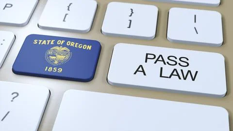 Oregon State Flag and Pass a Law Text on Button 3D Illustration Illustrazione stock