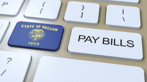Oregon State Flag and Pay Bills Text on Button 3D Illustration Stock Illustration
