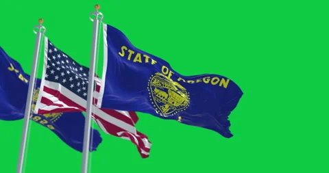 Oregon state flags waving with the american flags isolated on green backgroun Stock Footage 328643546