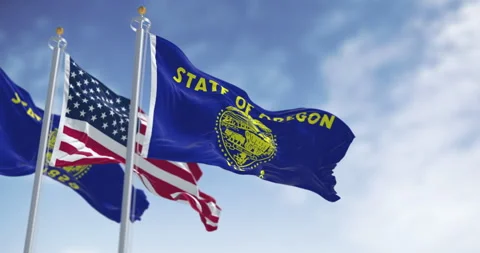 Oregon state flags waving in the wind with the american flags on a clear day Stock Footage 321940357