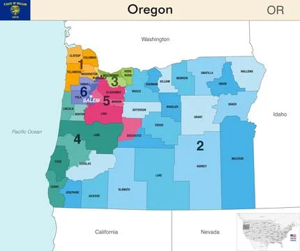Oregon state map with counties borders and congressional districts Stock Illustration