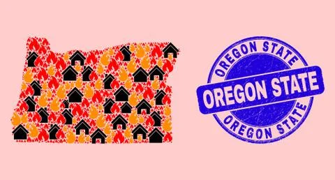 Oregon State Map Mosaic of Flame and Buildings and Scratched Oregon State Stamp Ilustración de archivo