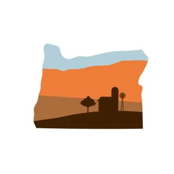 Oregon State Shape with Farm at Sunset that has Windmill, Barn, and a Tree Stock Illustration