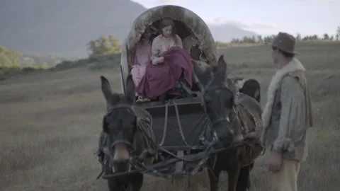 Oregon Trail wagon train, 1847 - Reenactment Stock Footage 202890634