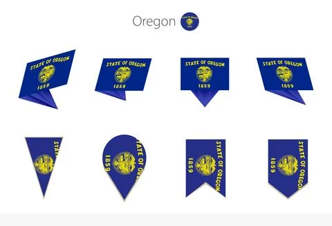 Oregon US State flag collection, eight versions of Oregon vector flags. Stock Illustration