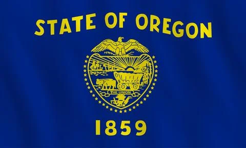 Oregon US state flag with waving effect, official proportion. Stock Illustration