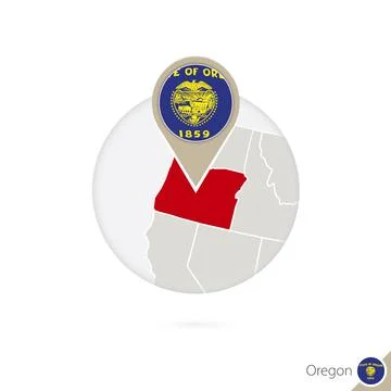 Oregon US State map and flag in circle. Map of Oregon, Oregon flag pin. Map.. Stock Illustration