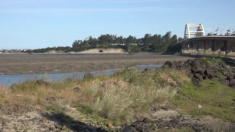 Oregon Waldport view of bridge over Alsea Bay Stock Footage