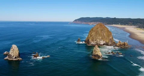 Oregon's Haystack Rock - Pacific Coast 4k Aerial Stock Footage 96624453