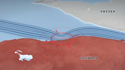 Oresund Strait naval blockade map on a pale 3D terrain relief Video stock 344545805