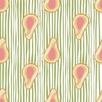 Organic avocado elements seamless pattern with doodle pink shapes. Green stri 스톡 일러스트