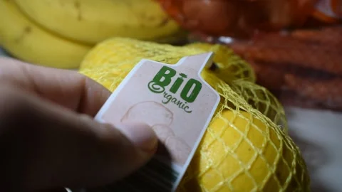 Organic Bio Certified Lemons in Yellow Mesh Net Bag Stock Footage 325875100