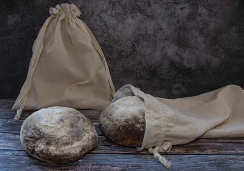 Organic  bread  bag  for  artisan  bread  and  sourdough Stock Photos