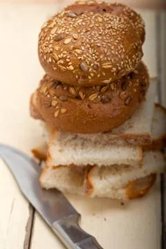 Organic bread over rustic table Stock Photos