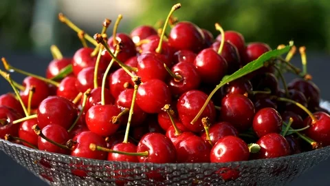 Organic Cherry rotation natural lighting with drops of water, fresh Stock Footage 112146801