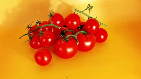 Organic cherry tomatoes on a yellow background Stock Footage 334002014