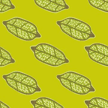 Organic citrus seamless pattern with lemon fruit ornament. Yellow background. Illustrazione stock