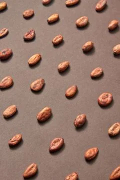 Organic cocoa beans pattern on a brown background. Stock-Fotos