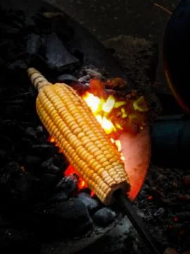 Organic corn preparing through fire brun Foto stock