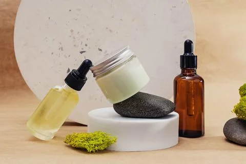 Organic cosmetic creative composition with circles and natural materials Stock Photos