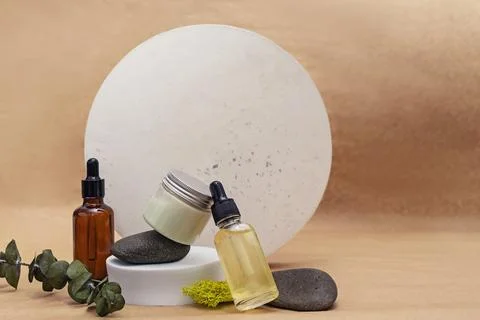 Organic cosmetic creative composition with circles and natural materials Stock Photos
