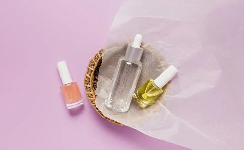 Organic cosmetics packaging design. Flat lay, top view clear glass pump bottl Stock Photos