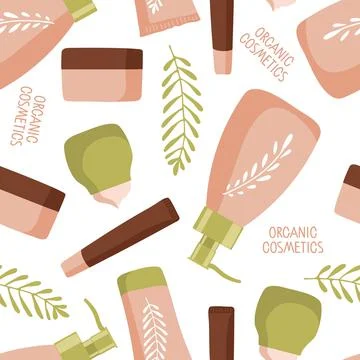 Organic cosmetics seamless pattern. Spa and natural cosmetic elements. Cream jar Stockillustratie