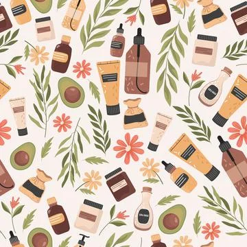 Organic cosmetics vector flat seamless pattern. Bottles, jars and bags with Stock Illustration