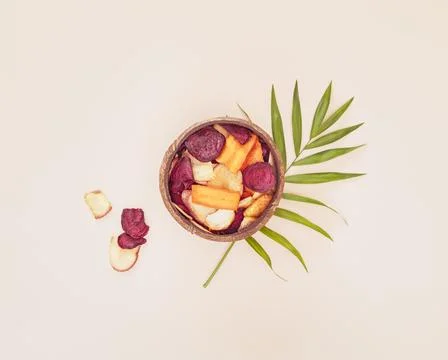 Organic crispy vegetable chips made from fried or baked potatoes, beets Stock Photos