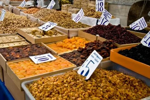 Organic different types of nuts and dried fruits at a street market in istanbul 스톡 사진
