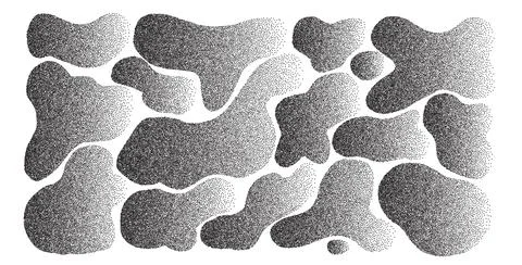 Organic doodle dotwork gradient shapes set. Irregular dynamic halftone figures. Stockillustratie
