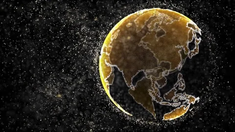 Organic dust particles cloud being pushed by slowly growing yellow Earth globe Video stock 80992839