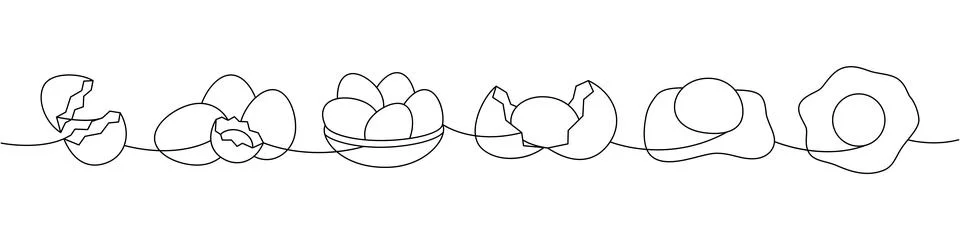 Organic eggs one line continuous drawing. Boiled eggs, broken eggshell, omelette イラスト素材