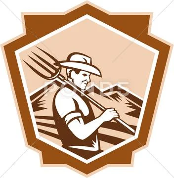 Organic farmer farm pitchfork shield Stock Illustration