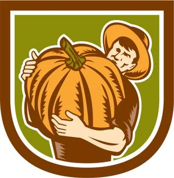Organic farmer holding pumpkin shield retro. Stock Illustration