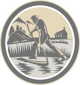 Organic farmer reaping using scythe retro イラスト素材