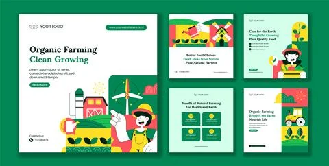 Organic Farming Process Flat Cartoon Hand Drawn Social Media Post Template Stock Illustration