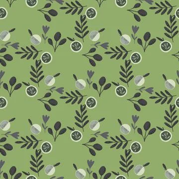Organic flora seamless pattern with vintage apple and leaves ornament. Green  Stockillustratie