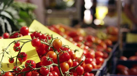 Organic Fresh Vegetables Cherry Tomatoes Grocery Farmer's Market in Rome, Italy Stock Footage
