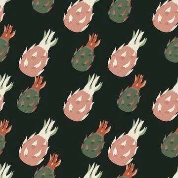 Organic fruit seamless doodle pattern with green and pink simple pitahaya sha Stock Illustration
