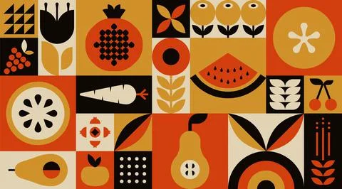 Organic fruit vegetable geometric pattern. Natural food background simple swiss Stock Illustration
