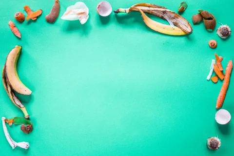 Organic garbage flat lay composition with copy spase.Separate garbage sorting Stock Photos