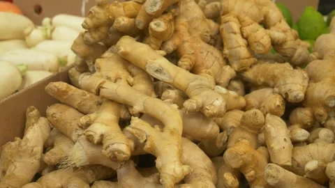 Organic Ginger Roots Close-Up Showing Natural Texture and Warm Color for Healthy Stock Footage 330169210