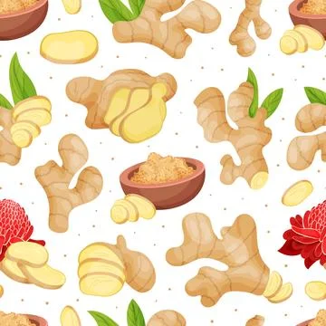 Organic Ginger Seamless Pattern Design with Root and Blooming Flower Vector Stock Illustration