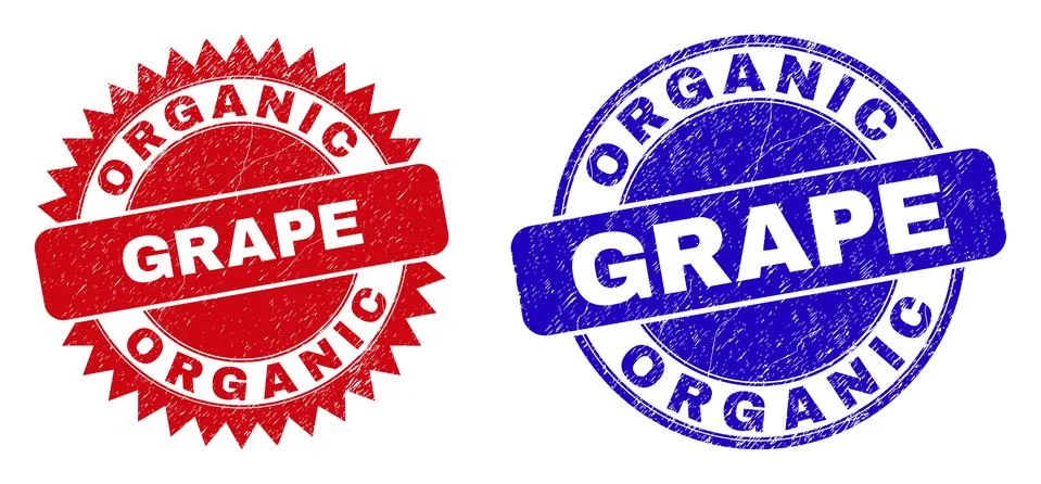 ORGANIC GRAPE Rounded and Rosette Stamp Seals with Distress Texture Stock Illustration